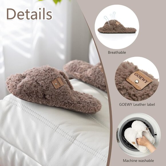 ⚡Women’s Brown Faux Fur Cozy Fuzzy Cross Band Slippers Indoor House Shoes - Picture 4 of 6